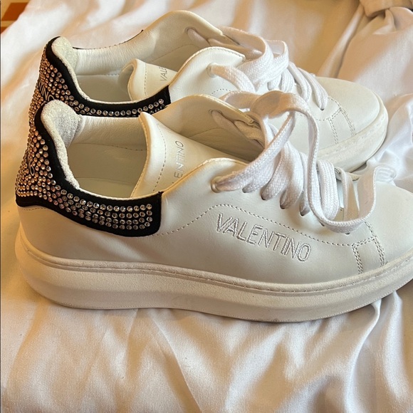 Valentino Shoes - Valentino Women's White Sneakers with Black and Silver Accents